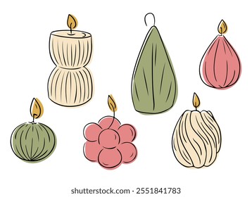 Stylish candle set illustration with unique shapes and warm tones. Perfect for home decor, cozy vibes, and festive or relaxation themes. Vector hand drawn drawing set isolated on white background