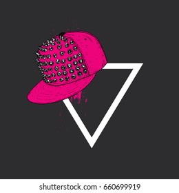Stylish cap with spikes on the triangle. Fashion & Style. Vector illustration for a postcard or a poster, print for clothes.