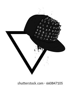 Stylish cap with spikes on the triangle. Fashion & Style. Vector illustration for a postcard or a poster, print for clothes.