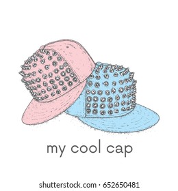 Stylish cap with spikes. Vector illustration for a postcard or a poster. Clothes and accessories. Fashion & Style.