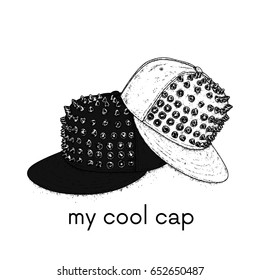 Stylish cap with spikes. Vector illustration for a postcard or a poster. Clothes and accessories. Fashion & Style.