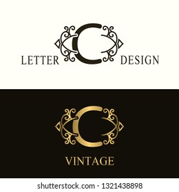 Stylish Capital letter C. Vintage Logo. Filigree Beautiful Monogram. Luxury Drawn Emblem. Graceful Style. Black and Gold. Graphic Ornament. Simple Design of Calligraphic Insignia. Vector Illustration