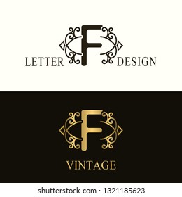 Stylish Capital letter F. Vintage Logo. Filigree Beautiful Monogram. Luxury Drawn Emblem. Graceful Style. Black and Gold. Graphic Ornament. Simple Design of Calligraphic Insignia. Vector Illustration