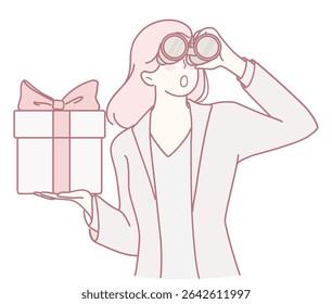 A stylish and captivating illustration showing a person using binoculars, actively searching for exciting gifts