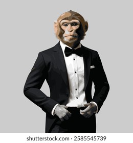 A stylish capuchins wearing a black suit, a white shirt,  and a black bowtie, standing confidently against a solid grey background