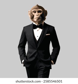 A stylish capuchins wearing a black suit, a white shirt,  and a black bowtie, standing confidently against a solid grey background