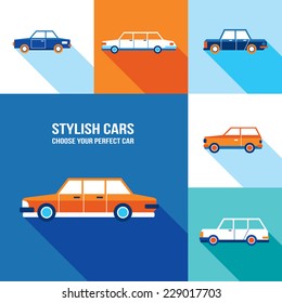 Stylish car icon set. Modern flat design style. Vector illustration