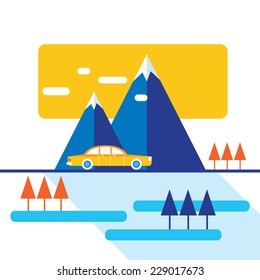 Stylish car on the road. Travel with comfort. Modern flat design style. Vector illustration