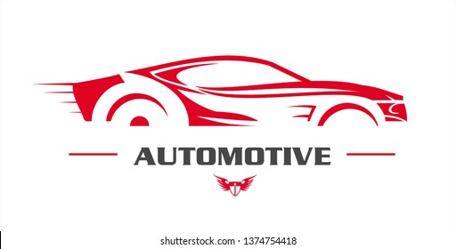stylish car symbol in red on white back ground, moving red car
