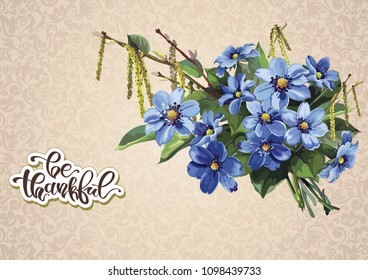 Stylish card with Anemones for design. Elegance template with bouquet of spring blue flowers. Illustration in Shabby chic style. Floral vintage greeting design for congratulation