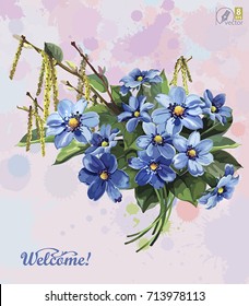 Stylish card with Anemones for wedding design. Elegance template with bouquet of spring blue flowers. Watercolor illustration in Shabby chic style. Floral vintage greeting design for congratulation