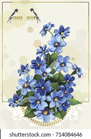 Stylish card with Anemones for wedding design. Elegance template with bouquet of spring blue flowers. Watercolor illustration in Shabby chic style. Floral vintage greeting design for congratulation