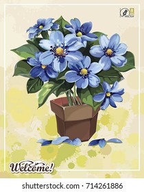 Stylish card with Anemones for wedding design. Elegance template with bouquet of spring blue flowers. Illustration in Shabby chic style. Floral vintage greeting design for congratulation