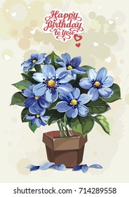 Stylish card with Anemones for wedding design. Elegance template with bouquet of spring blue flowers. Romantic illustration in Shabby chic style. Floral vintage greeting design for congratulation