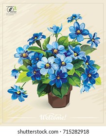 Stylish card with Anemones for wedding design. Elegance template with bouquet of spring blue flowers. Watercolor illustration in Shabby chic style. Floral vintage greeting design for congratulation