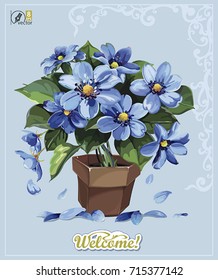 Stylish card with Anemones for wedding design. Elegance template with bouquet of spring blue flowers. Watercolor illustration in Shabby chic style. Floral vintage greeting design for congratulation