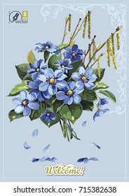 Stylish card with Anemones for wedding design. Elegance template with bouquet of spring blue flowers. Watercolor illustration in Shabby chic style. Floral vintage greeting design for congratulation