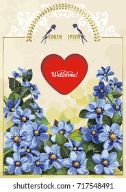 Stylish card with Anemones for wedding design. Elegance template with bouquet of spring blue flowers. Watercolor illustration in Shabby chic style. Floral vintage greeting design for congratulation