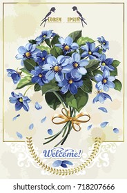 Stylish card with Anemones for wedding design. Elegance template with bouquet of spring blue flowers. Watercolor illustration in Shabby chic style. Floral vintage greeting design for congratulation