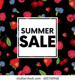 Stylish card with a background of berries. Summer pattern with blueberries, strawberries, raspberries and cherries. Vector illustration for a postcard or a poster.