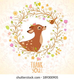 Stylish card with beautiful cartoon deer and sparrow