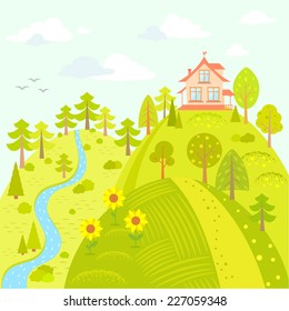 Stylish card with beautiful house on the hill in cartoon style
