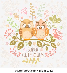 Stylish card with cartoon beautiful and funny owls sitting on a branch. Vector illustration