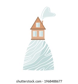Stylish card with cartoon house on the hill in Scandinavian style. Vector illustration isolated on white.