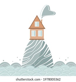 Stylish card with cartoon house on the hill in the sea, Scandinavian style. Vector illustration isolated on white.