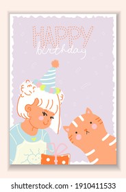 Stylish card with a cute girl and a funny cat. Happy birthday lettering. Greeting card in flat design with animals. Vector illustration. All objects are isolated