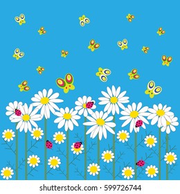 Stylish card with a daisies and butterflies on a blue background