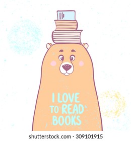 Stylish card with funny and cute cartoon bear with books on her head