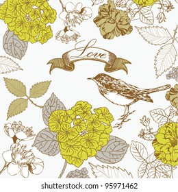 Stylish card, hand drawn retro flowers and bird