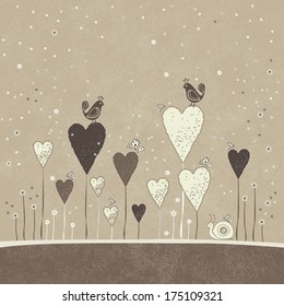 Stylish card with hearts, birds, snail and butterflies. Vintage vector illustration