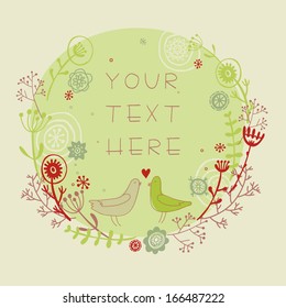 Stylish card made of flowers in light colors. Vintage card in vector with cute cartoon birds in  green color.