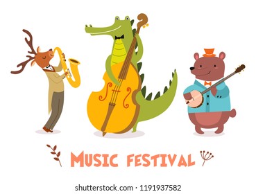 Stylish card or poster with cute animal band in cartoon style isolated on white background.Vector illustration with animal musicians in music festival.