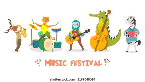 Stylish card or poster with cute animal band in cartoon style.Vector illustration with animal musicians in music festival.