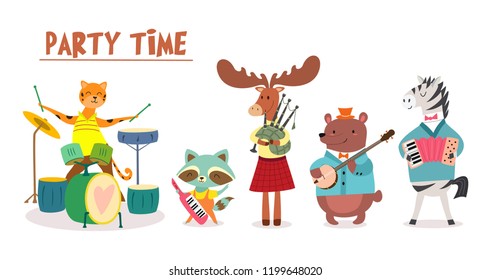 Stylish card or poster with cute animal band in cartoon style.Vector illustration with animal musicians in music festival.