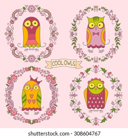 Stylish card with set of cartoon  and funny hand drawn owls with place for text in the tape and 4 stilish floral frames. Vector illustration.