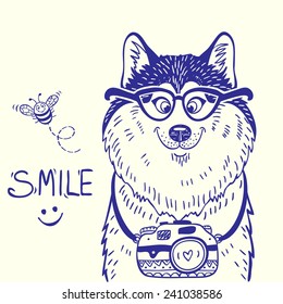 Stylish card with silhouettes cartoon cute dog husky with glasses and camera. Vector illustration