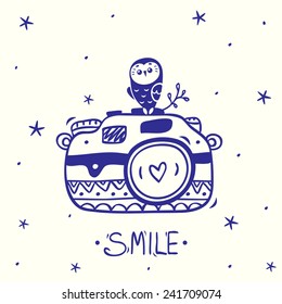 Stylish card with silhouettes sketch vintage retro photo camera with cute owl. Vector illustration