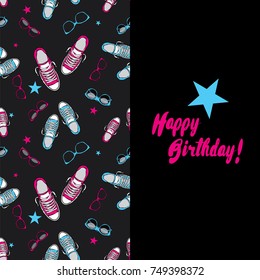 Stylish card of sneakers and glasses. Vector illustration. Shoes and accessories. Ready-made design with clothes and accessories. Thank you. Happy Birthday.