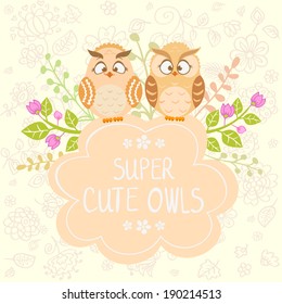 Stylish card with space for text with cartoon beautiful and funny owls. Vector illustration