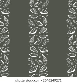 Stylish cardamom pattern with white linear drawing on dark background for packaging textile and modern culinary branding