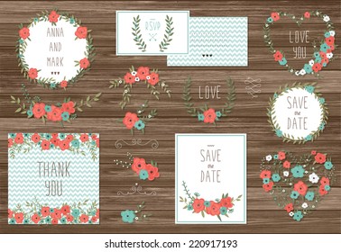 Stylish cards collection with floral bouquets and wreath design elements. Perfect for save the date, baby shower, mothers day, valentines day, birthday cards, invitations. Vector illustration set