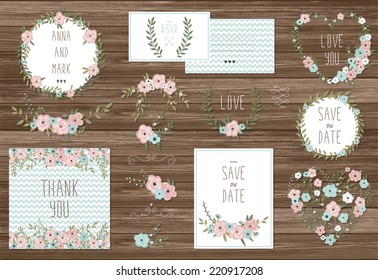 Stylish cards collection with floral bouquets and wreath design elements. Perfect for save the date, baby shower, mothers day, valentines day, birthday cards, invitations. Vector illustration set