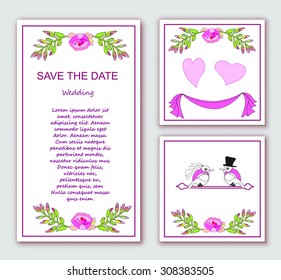 Stylish cards with decorative design elements, vintage flowers, branches. Can be used for wedding invitations, birthday cards, invitations, greetings.