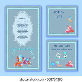 Stylish cards with decorative design elements, roses, flower branches. Can be used for wedding invitations,  birthday cards. Vintage design with leaves and flowers.