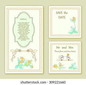 Stylish cards with decorative elements and flowers. Can be used for wedding invitations, birthday cards. Vintage design