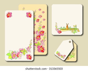 Stylish cards with decorative elements and flowers. Can be used for wedding invitations, birthday cards. Vintage design